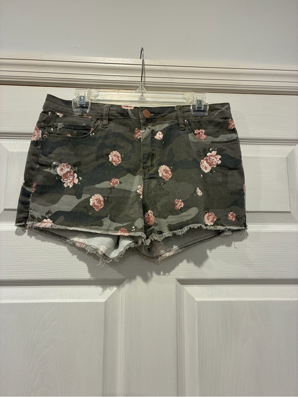 YMI Olive and White Mid-Rise Shorts with Pink Floral Trim